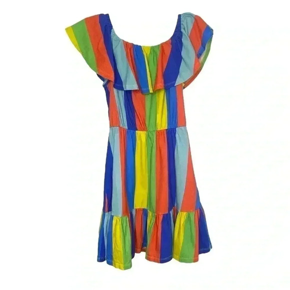 ASOS Rainbow Pride Striped Ruffled Casual Off Shoulder Dress - Picture 1 of 5
